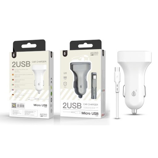 ONE PLUS A6260 CAR LIGHTER CHARGER WITH MICRO USB CABO, 2USB, 2.4A BRANCO ( 2002171 )